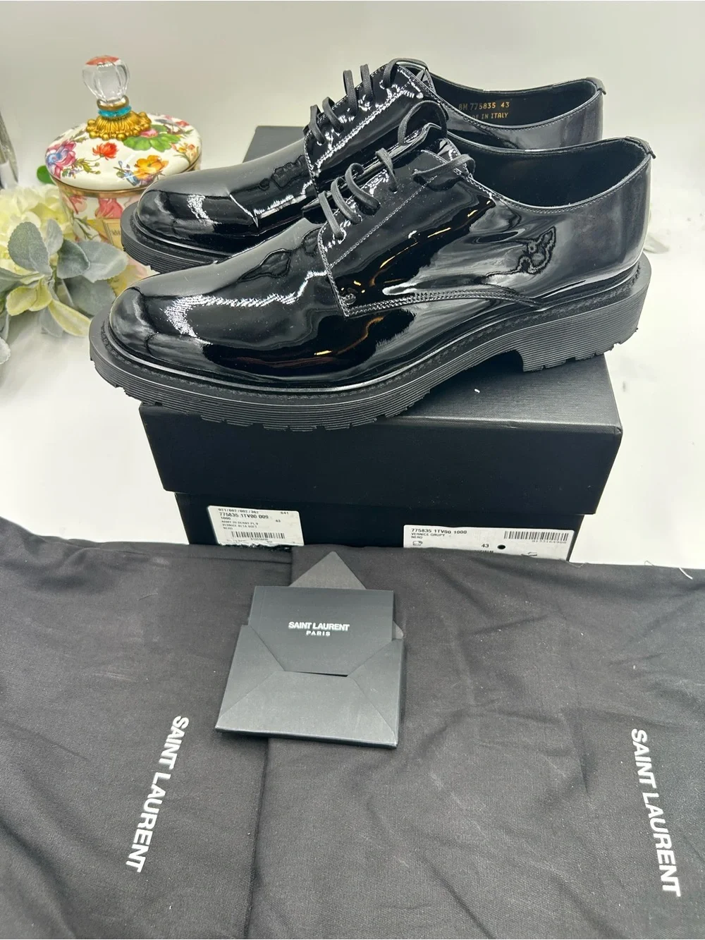 Men's Saint Laurent Black Patent Leather Derby Lace-Ups ridged sole size 43
